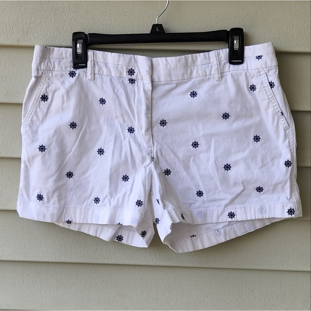 British Khaki White Shorts with Navy Embroidering Nautical Theme. Size 12.